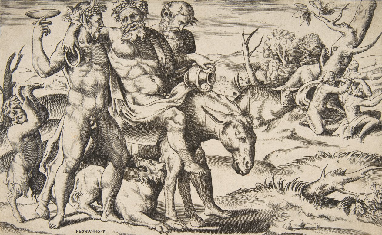 Egy részeg Silenus szamáron lovagolva, akit szatírok támogatnak, 1531-76. alkotó: Giulio Bonasone