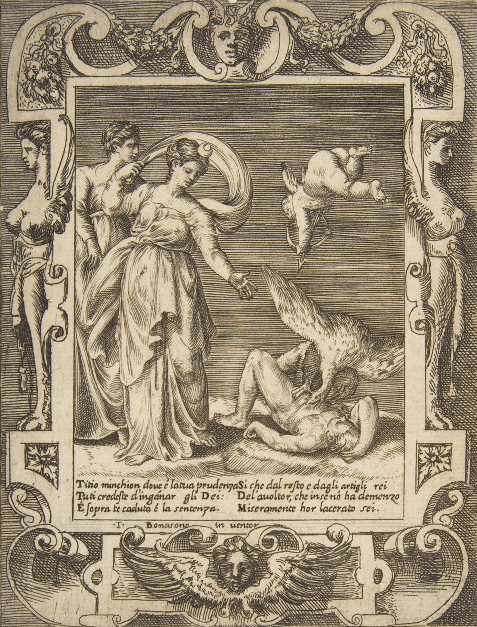 Titius bensőjét faló keselyű, Ámor két nő fölött balra, egy...-en belül, 1531-76. alkotó: Giulio Bonasone