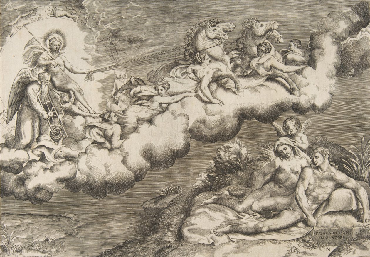 A felkelő nap allegóriája, egy meztelen férfi, aki lepelben és az idő atya kíséretében..., 1531-76. alkotó: Giulio Bonasone