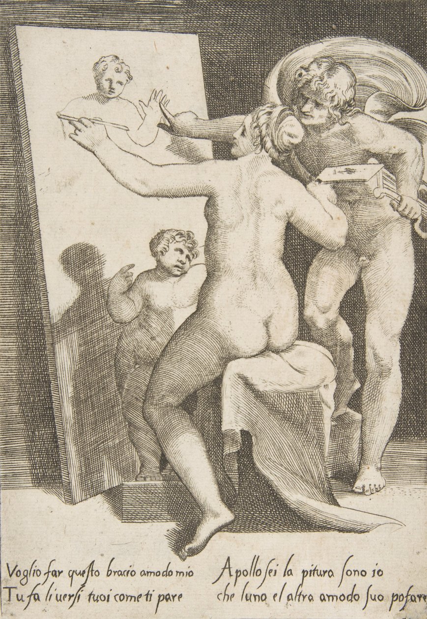 Apolló egy nő mellett áll, és a festészet allegóriáját képviseli, A szerelmek..., 1531-60-ból. alkotó: Giulio Bonasone
