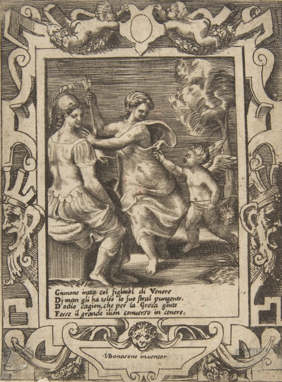 Athéné Juno közelében ül, aki elvette Ámor nyilait, egy kidolgozott keretben..., 1531-76. alkotó: Giulio Bonasone