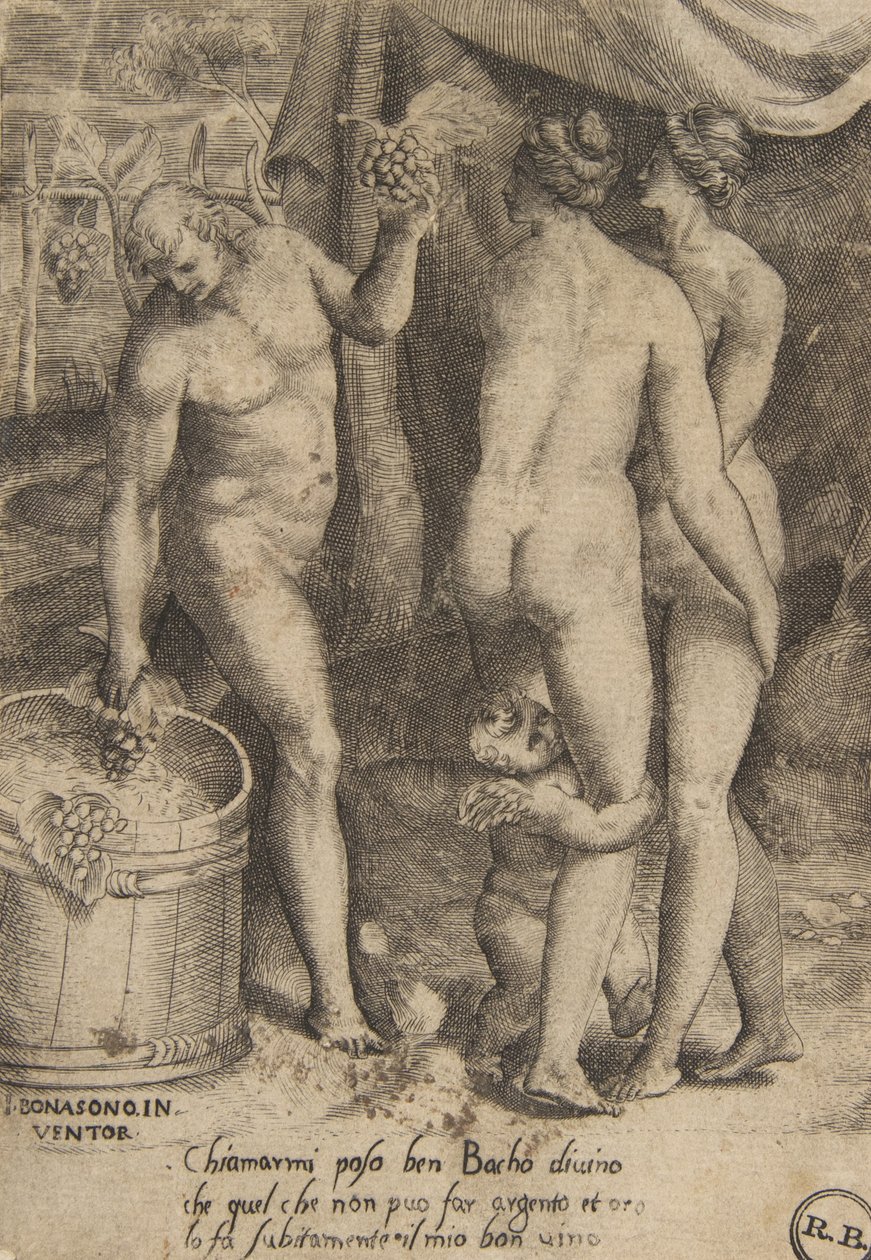 Bacchus szőlőt ad a nőknek, "Az istenek szerelmei", 1531-60. alkotó: Giulio Bonasone