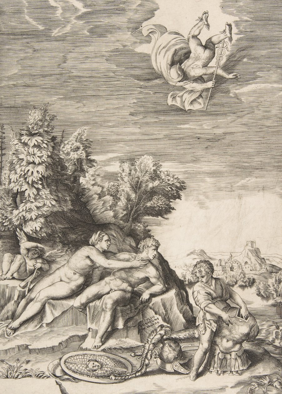 Calypso megpróbálja visszatartani Ulysses-t, mint egy gyerek, jobbra készíti elő a páncélját, és Mercury fa..., 1531-76. alkotó: Giulio Bonasone