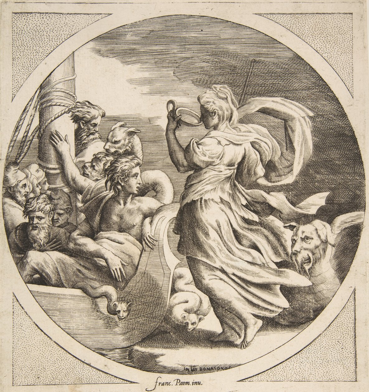 Circe pohárból iszik Ulysses társaival egy csónakban balra, körlevél ..., 1531-76. alkotó: Giulio Bonasone