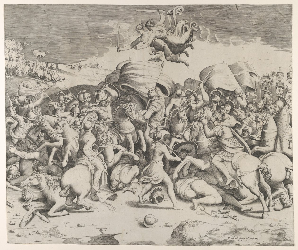 Konstantin legyőzi a zsarnok Maxentiust, felette kardot hordozó angyalok repülnek, 1544., 1544. alkotó: Giulio Bonasone