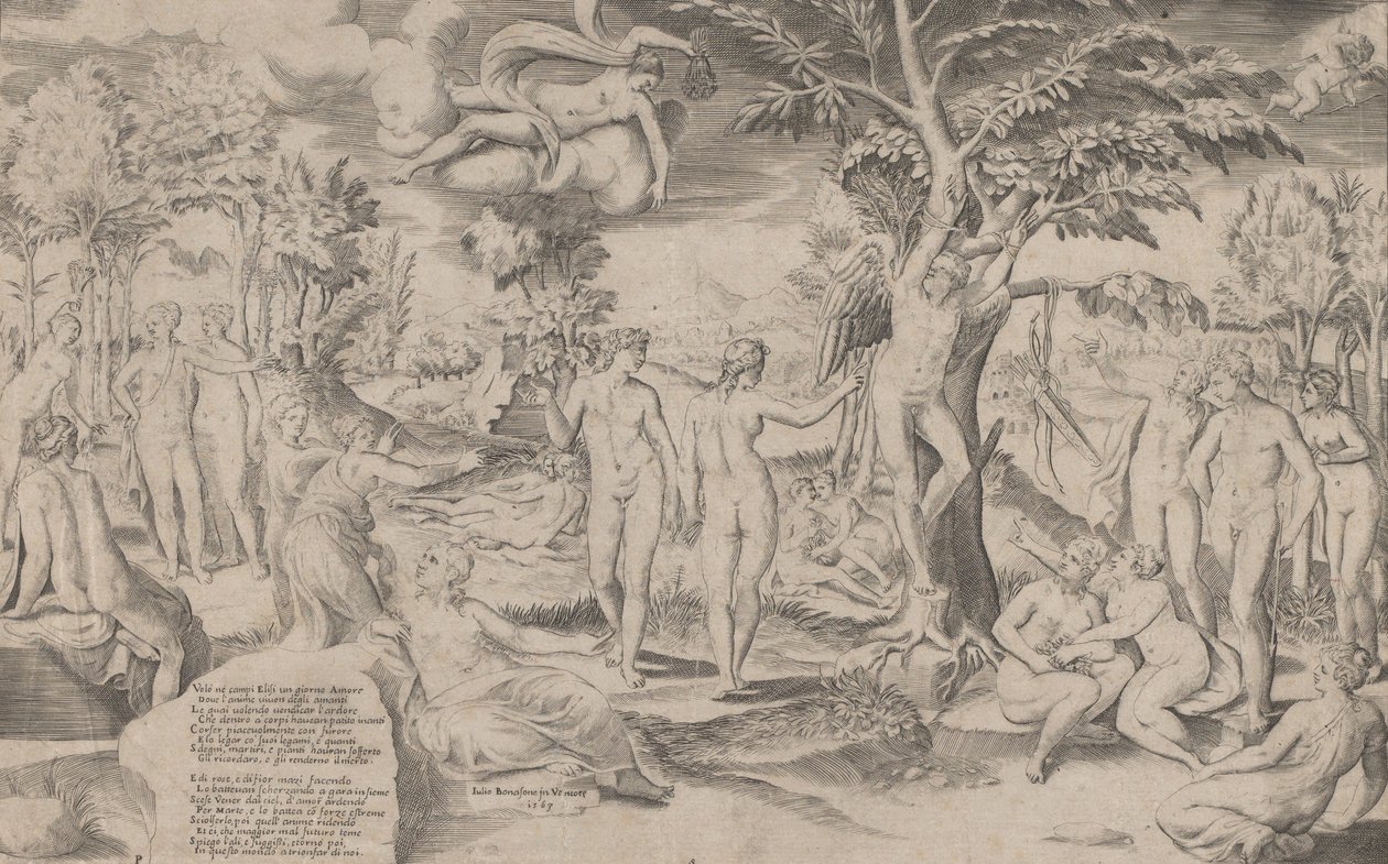 Ámor az Elysian Fields-ben középen egy fához kötve, sok alakkal körülvéve, 1563., 1563. alkotó: Giulio Bonasone