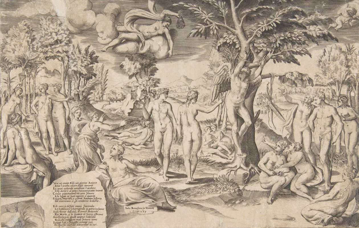 Ámor az Elysian Fieldsben egy fához kötözve a közepén, körülvette sok alakomat, 1563. alkotó: Giulio Bonasone