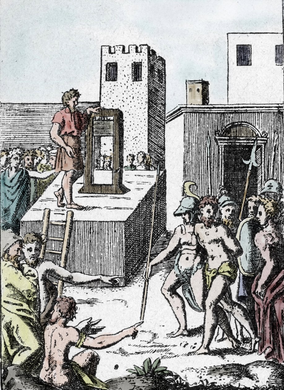 Halálbüntetés: a Mannaia nevű, Achille Bocchi által tervezett guillotine (machine a decollation) ősével, 1555-ben halálbüntetés végrehajtása Olaszországban”” Giulio Buonasone (Bonasone) metszete (1498-1574) (A Manna alkotó: Giulio Bonasone