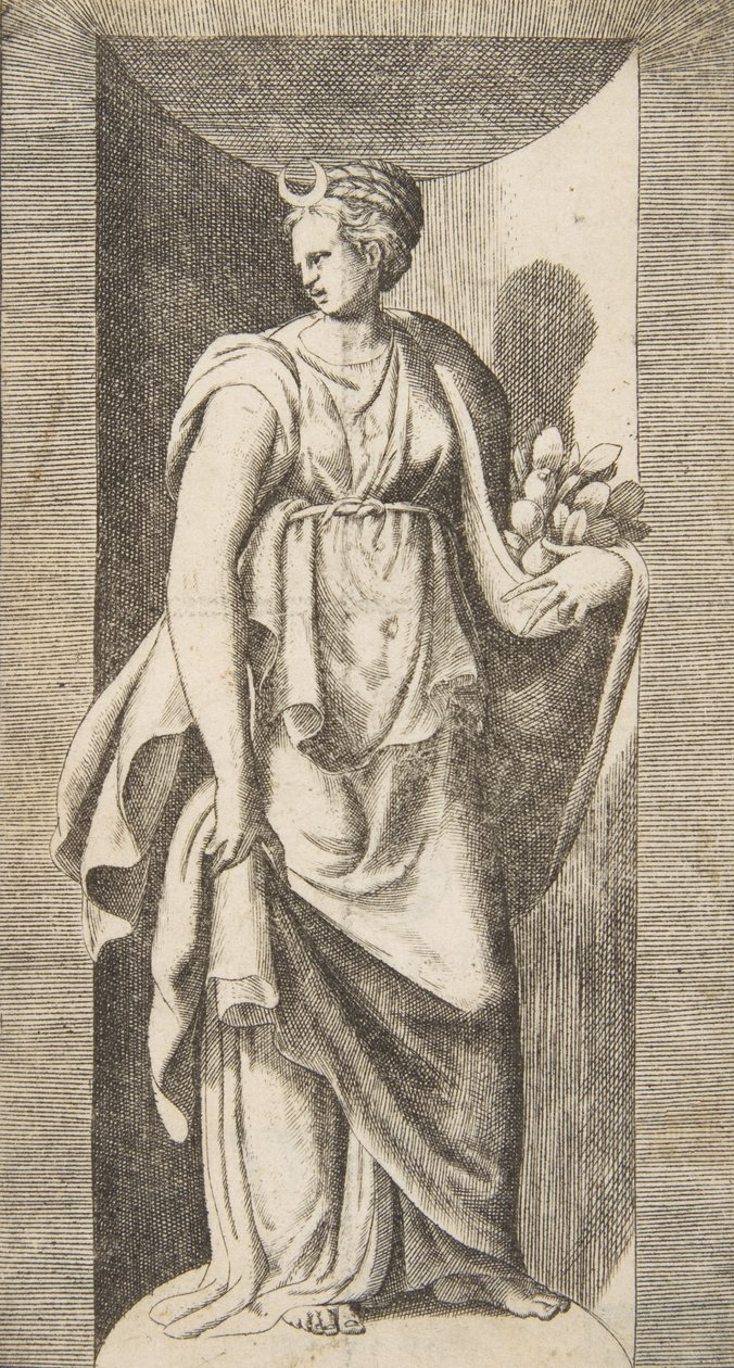 Diana bal kezében gyümölcsöt tart egy fülkében, kb. 1531-76. alkotó: Giulio Bonasone