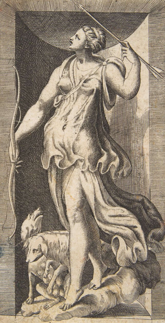 Diana a vadásznő kutyáival egy fülkében állva, XVI. sz., 16. század. alkotó: Giulio Bonasone