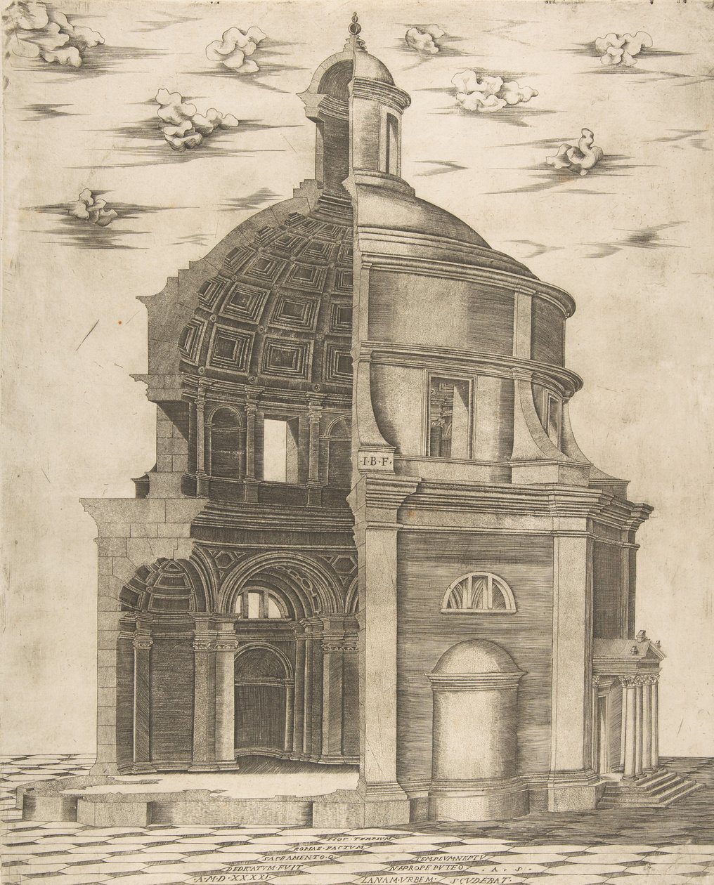 Egy Neptunusz tiszteletére szentelt római templom külső és belső része, 1541. alkotó: Giulio Bonasone