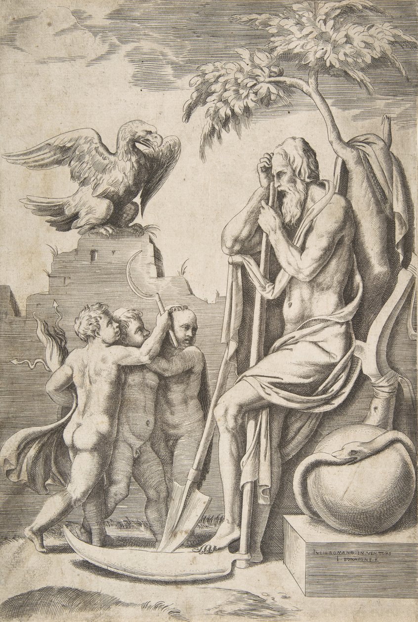 Jobb oldalon Idő atya kaszára támaszkodva, balról három meztelen fiú és sas, 1..., 1531-76. alkotó: Giulio Bonasone