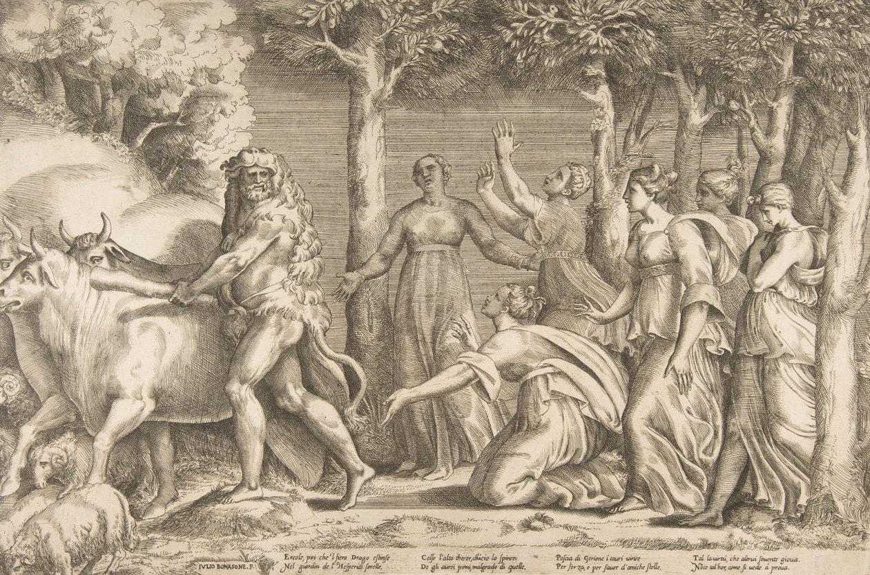 Herkules, aki elűzi Geryon jószágát, jobbra Hesperides nimfái, ..., 1531-76. alkotó: Giulio Bonasone