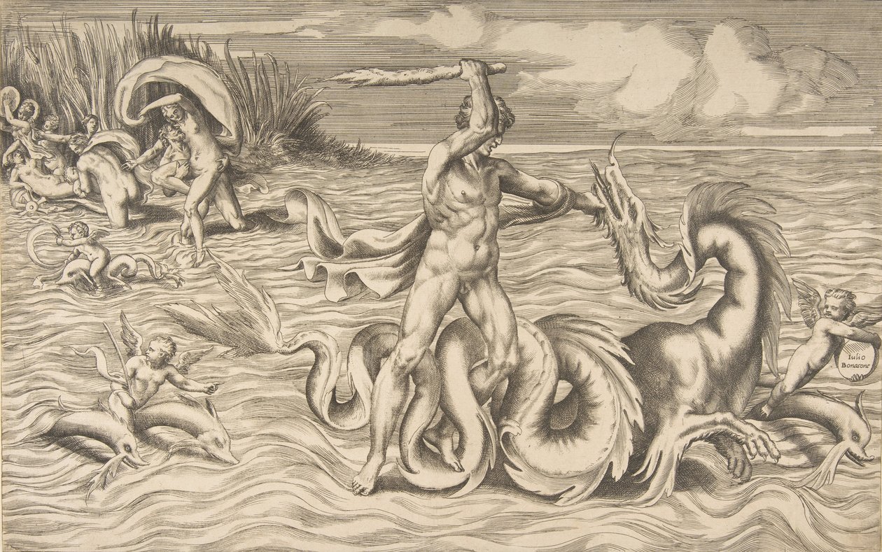 Herkules harcol egy sárkánnyal középen, Achelous elviszi Deianeirát a bal felső sarokban, 1531-76. alkotó: Giulio Bonasone