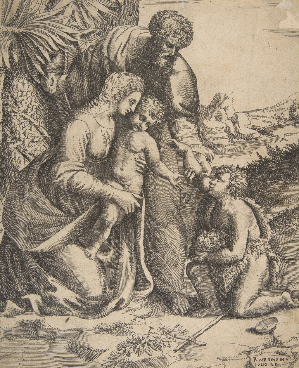 Szent Család Keresztelő Szent Jánossal, aki a jobb oldalon térdel, 1531-76. alkotó: Giulio Bonasone