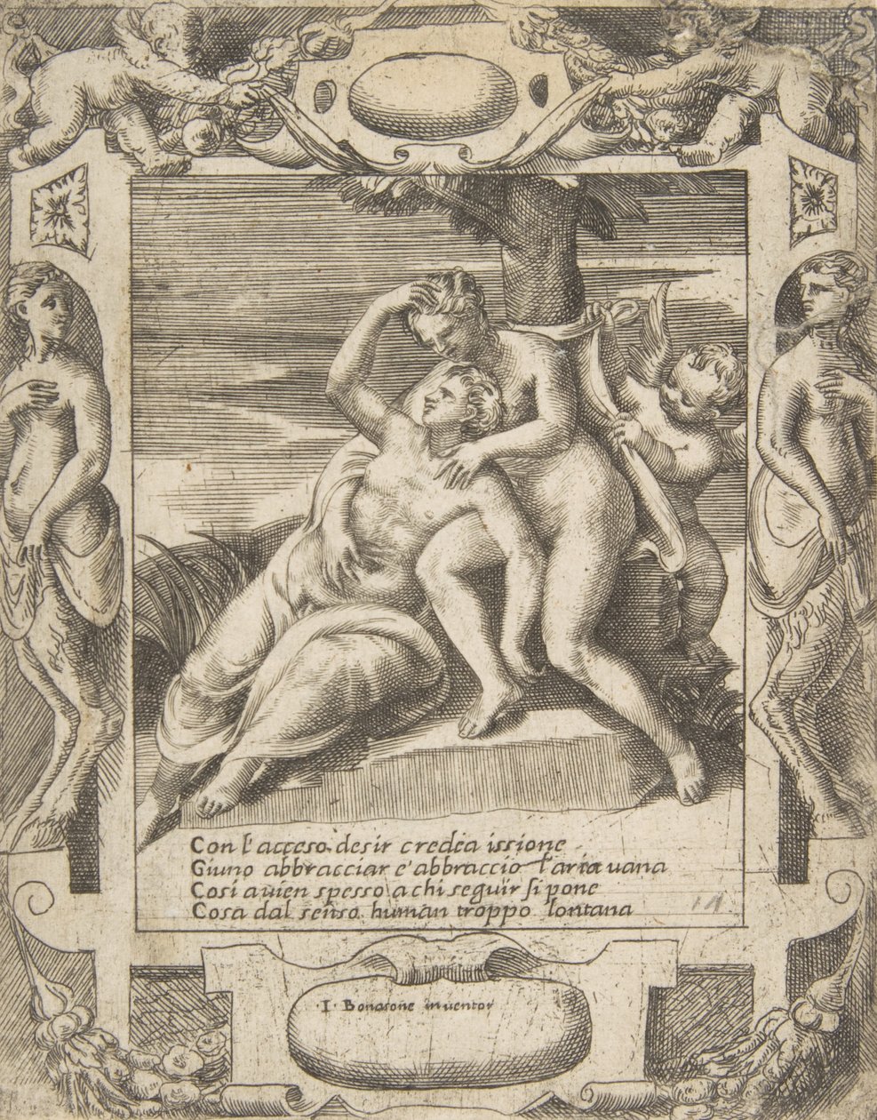 Ixion egy felhőt ölelve, azt gondolva, hogy Junó, jobbra Ámor, egy feldolgozásban játszódik..., 1531-76. alkotó: Giulio Bonasone