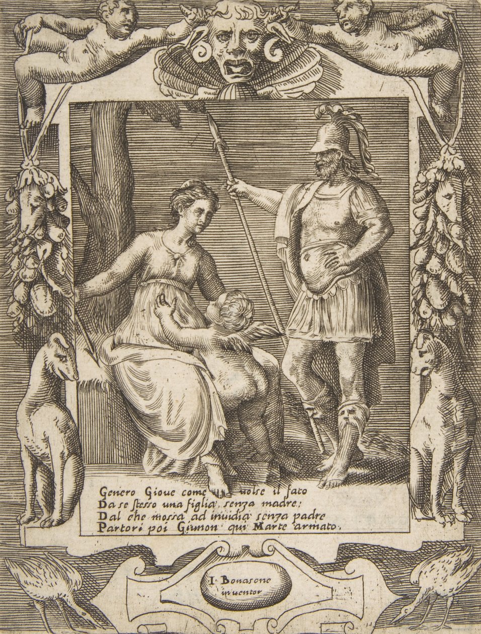 Juno, Mars és Ámor, kidolgozott keretek között, a Szerelmek, dühök és féltékenység..., 1531-76-ból. alkotó: Giulio Bonasone