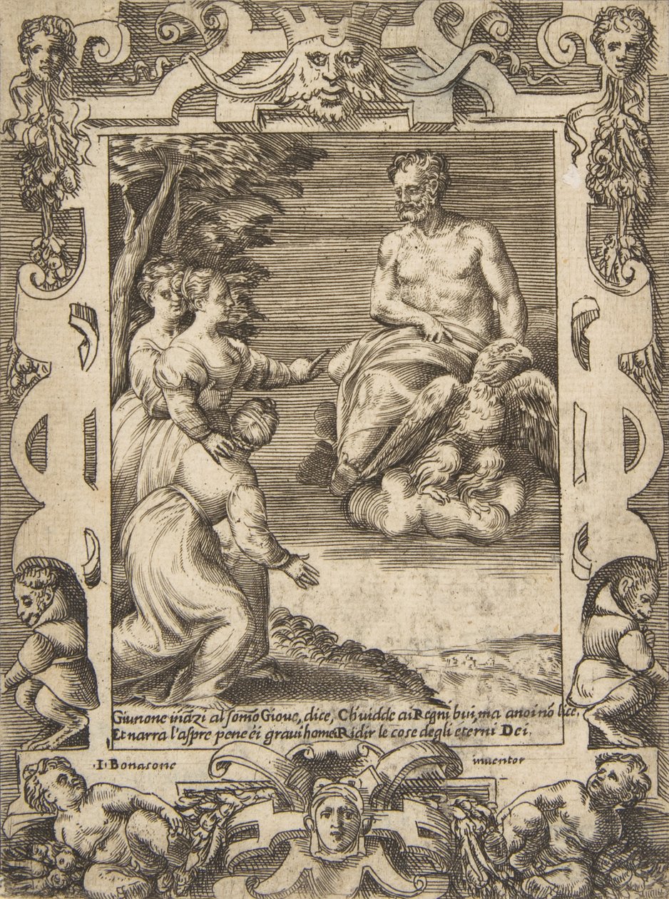 Juno a bal oldalon arra kéri Jupitert, hogy segítsen a görögöknek, kidolgozott keretek között, a „..., 1531-76-ból”. alkotó: Giulio Bonasone