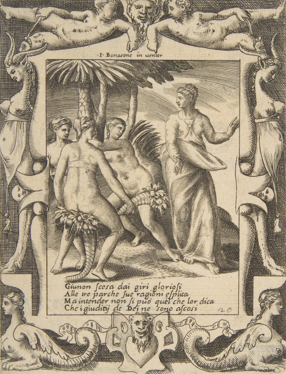 Juno jobbra fordul és a Sorsokhoz beszél, kidolgozott keretek között, innen..., 1531-76. alkotó: Giulio Bonasone