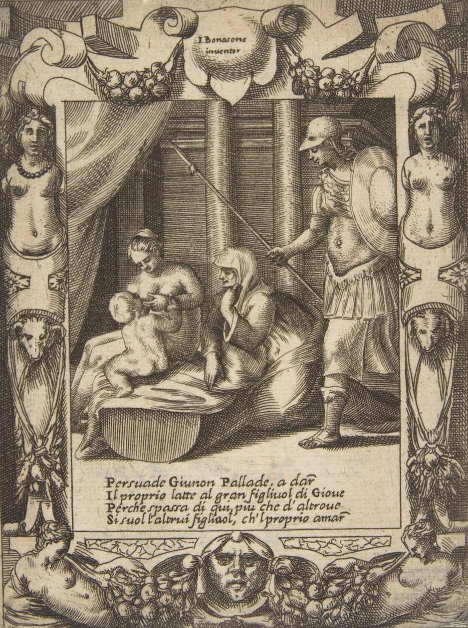 Juno ráveszi Athénét, hogy ápolja az ifjú Herkulest, kidolgozott keretek között,..., 1531-76. alkotó: Giulio Bonasone