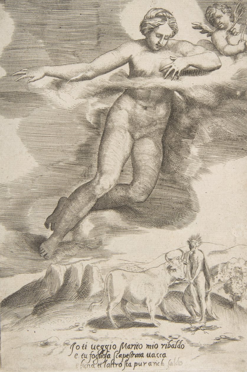 Juno nézi a Jupitert és Iót, Az istenek szerelmeiből, 1531-60. alkotó: Giulio Bonasone
