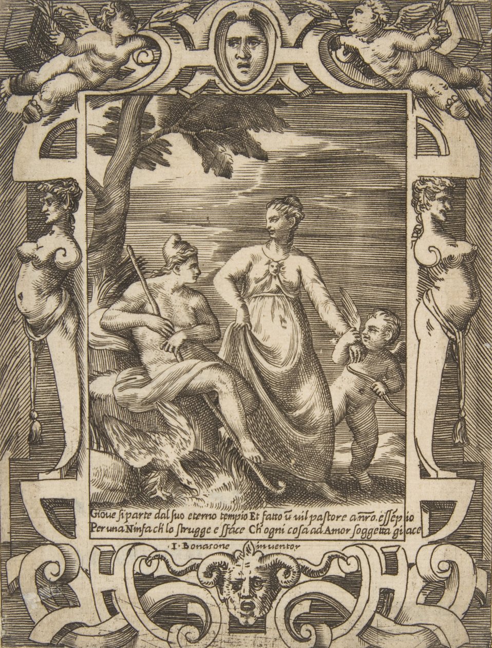 Jupiter balra egy pásztor alakjában, Mnemosyne kíséretében, egy kidolgozáson belül, 1531-76. alkotó: Giulio Bonasone