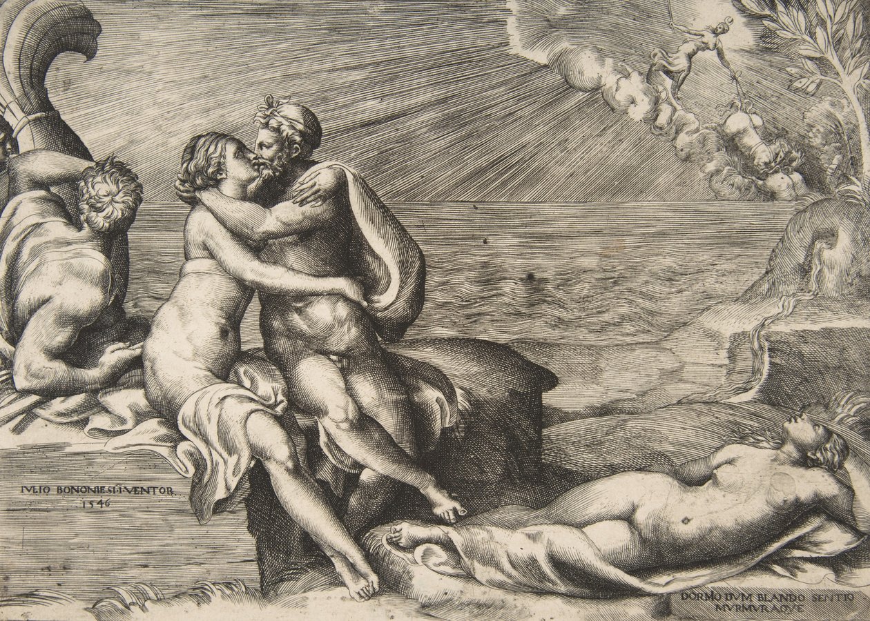 Jupiter Juno iránti szerelme újra fellángolt, amikor felveszi a Vénusz övét, 1546. alkotó: Giulio Bonasone