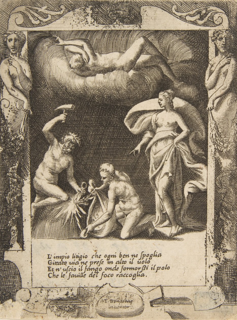 Litigiumot eltávolítanak a Káosz testéből, miközben anyját a levegőbe dobják, beállítva..., 1531-76. alkotó: Giulio Bonasone