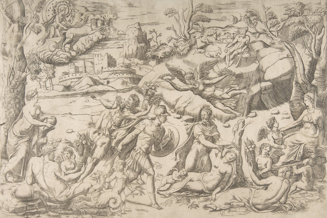 Mars és Rhea Silvia: középen a Mars pajzsot és kardot tart, Rhea Silvia alszik..., kb. 1531-76. alkotó: Giulio Bonasone