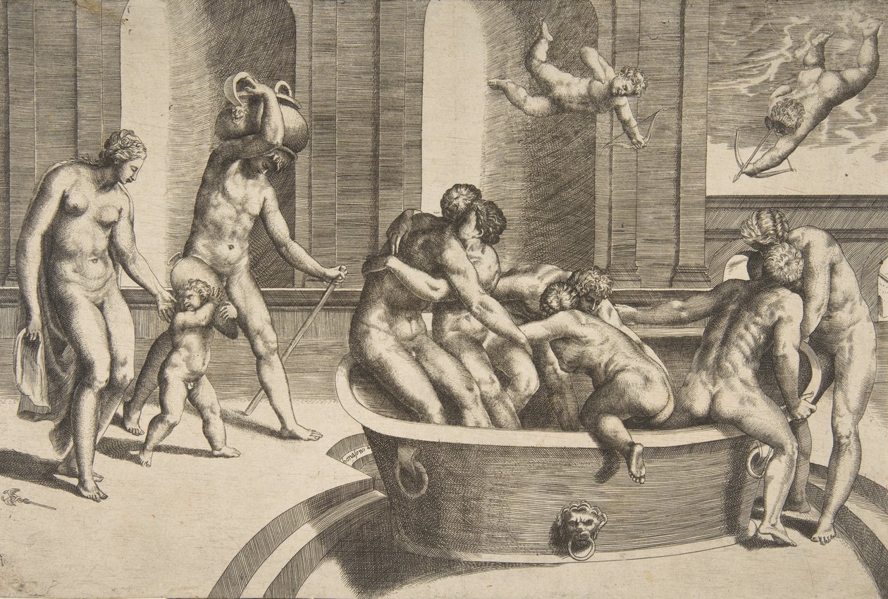 Férfiak és nők fürdőzve, néhányan ölelkezve, 1531-76. alkotó: Giulio Bonasone