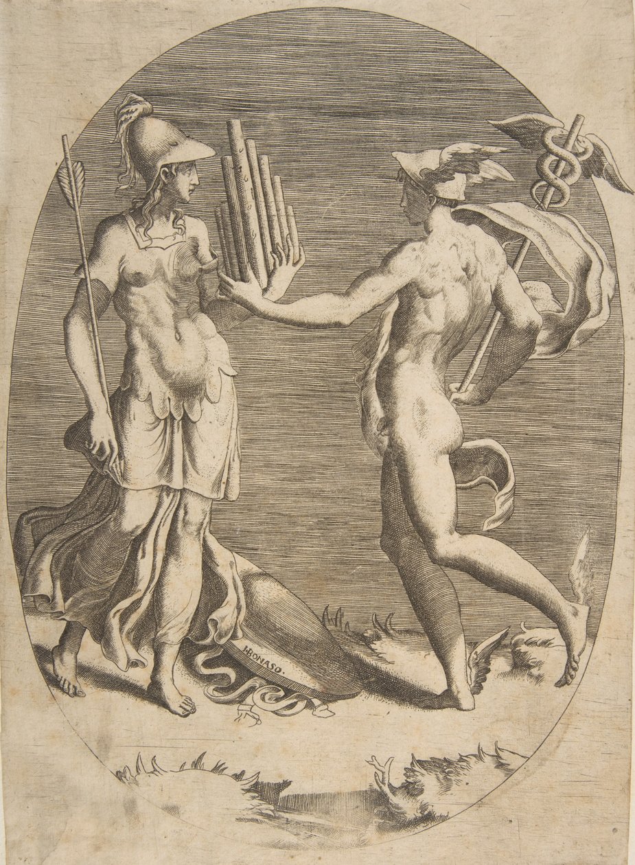 Merkúr pánsípot ad a bal oldalon álló Minervának, ovális kompozíció, 1531-76. alkotó: Giulio Bonasone