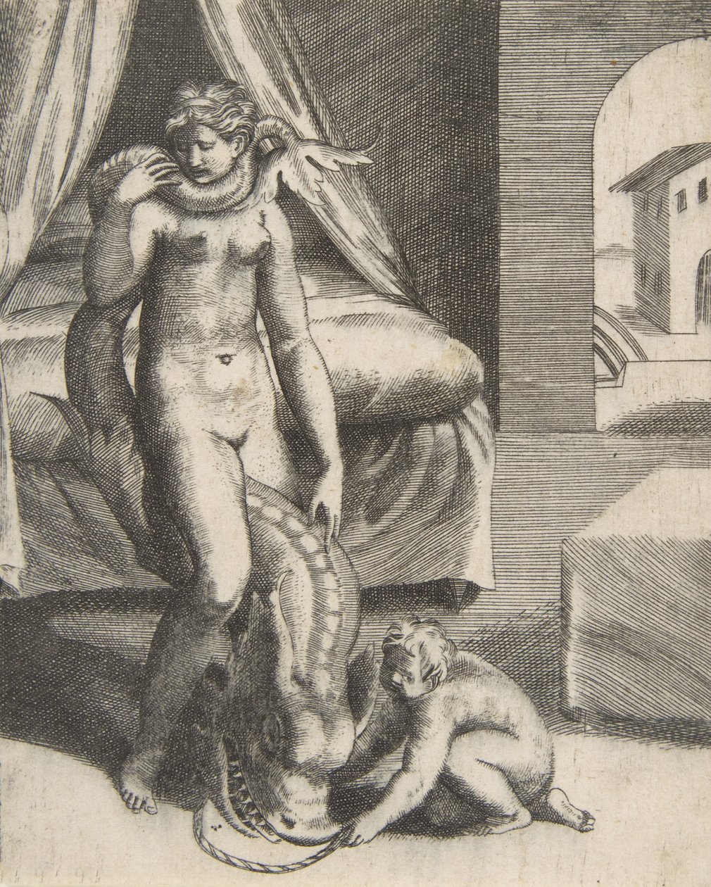 Neptunusz és Melanthe, Az istenek szerelmeiből, kb. 1531-76. alkotó: Giulio Bonasone