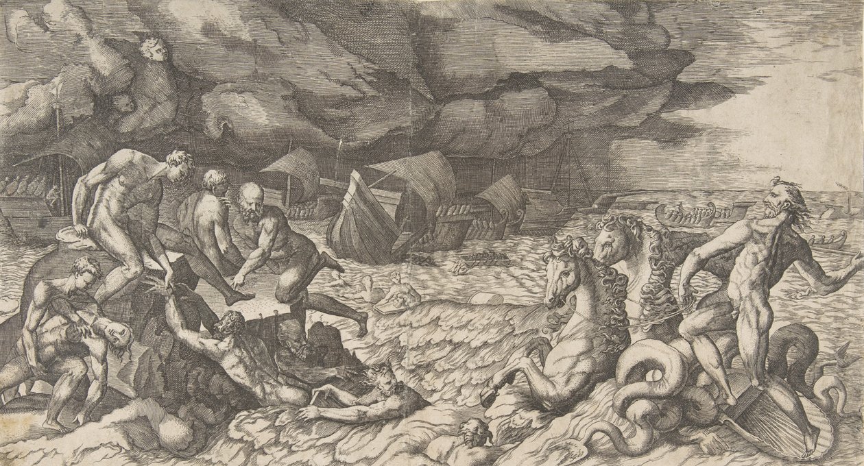 A Neptunusz lecsillapítja a vihar Aeolust, amelyet az Aeneas flotta ellen emeltek, 1531-76. alkotó: Giulio Bonasone