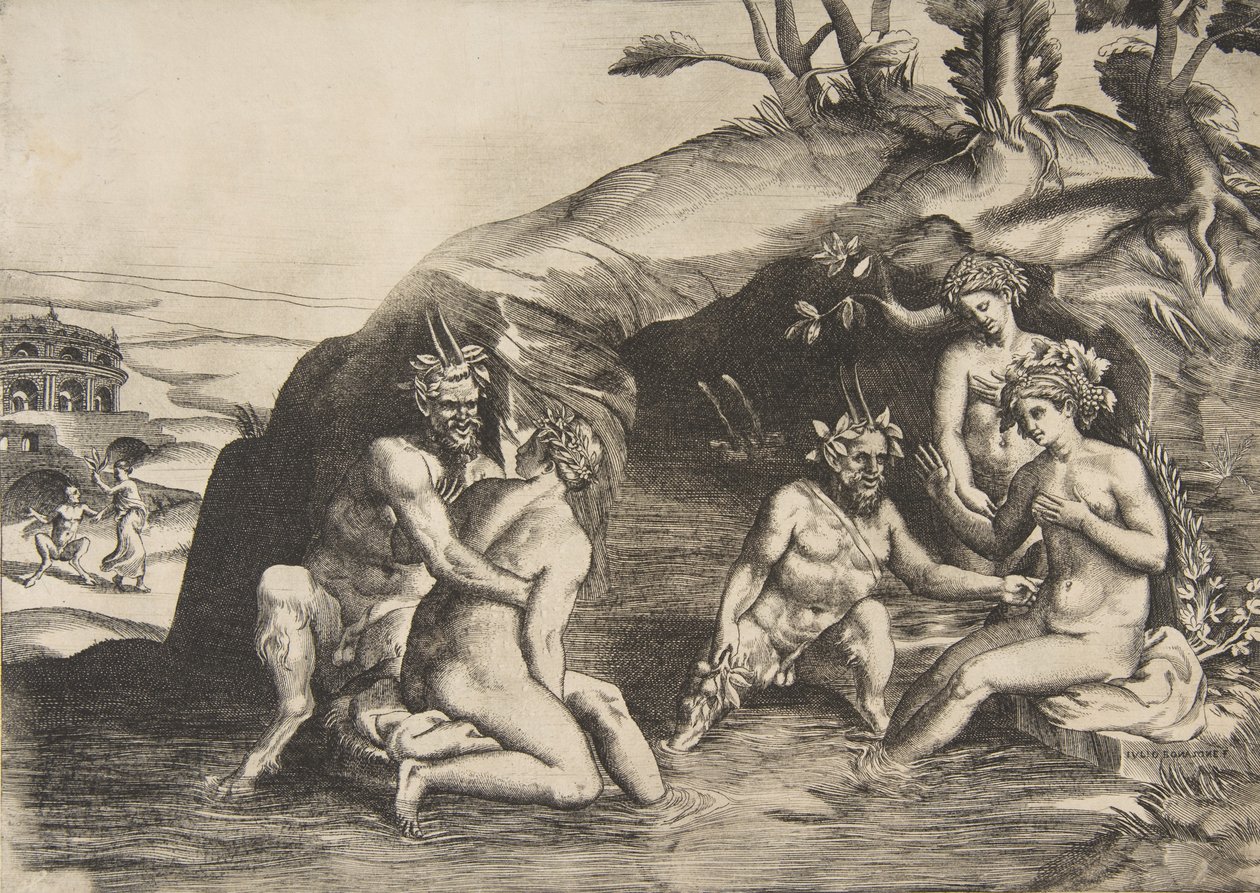 Nymfák és szatírok fürdőzése, 1531-76. alkotó: Giulio Bonasone