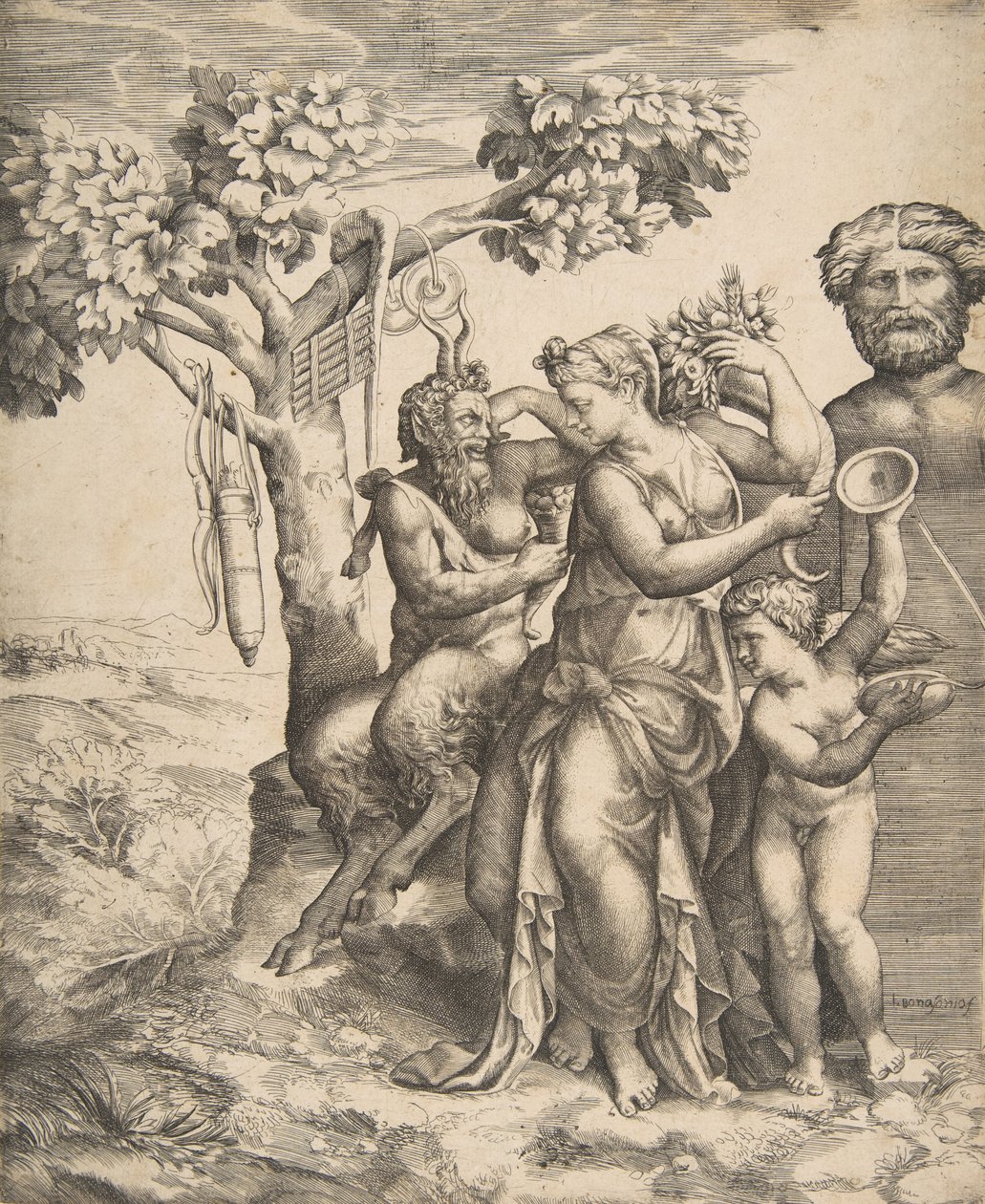 Pán balra egy álló nimfa mellett ülve, jobbra Ámor cintányérokat tartva, 1531-76. alkotó: Giulio Bonasone