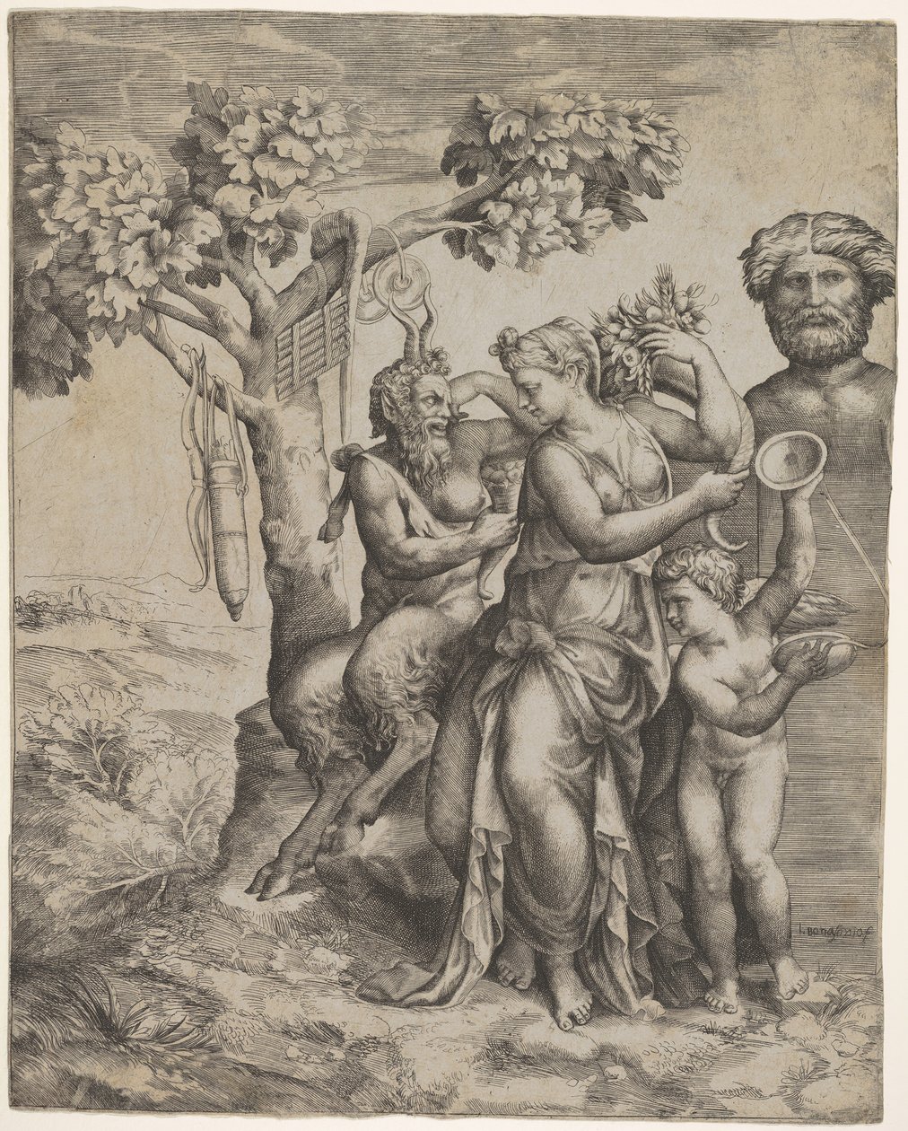 Pan ül egy női alak mellett, aki bőségszaru nimfát vagy Pomonát tart, jobbra..., kb. 1550-60. alkotó: Giulio Bonasone