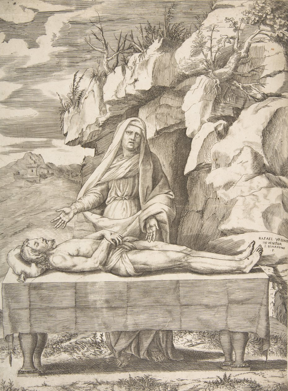 Pieta, Krisztus egy asztalon elnyúlva tájban, a Szűz karok mögött áll..., 1531-76. alkotó: Giulio Bonasone