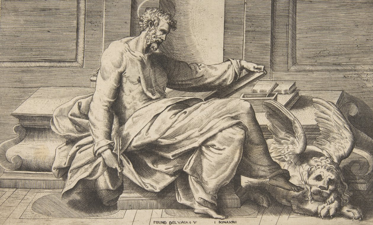 Szent Márk evangéliumát írja, jobbra szárnyas oroszlán, 1531-76. alkotó: Giulio Bonasone
