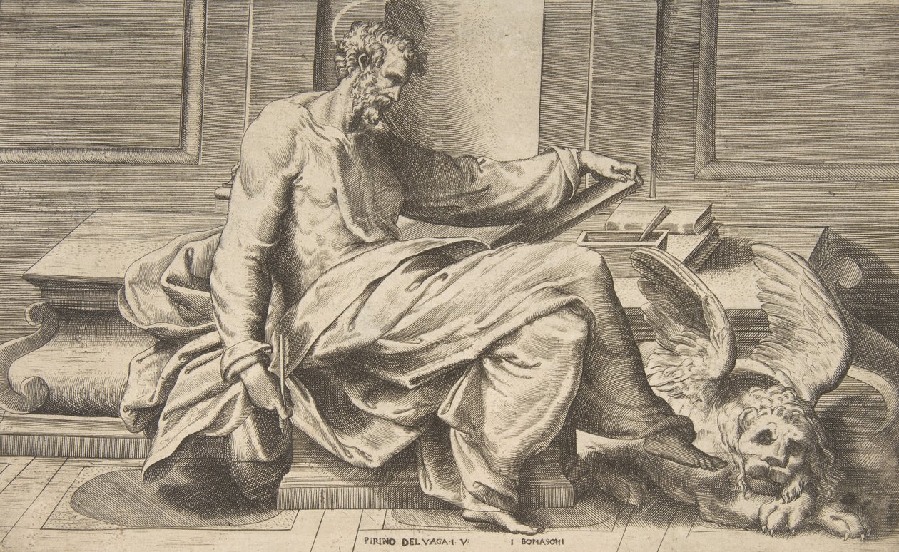 Szent Márk evangéliumát írja, jobbra szárnyas oroszlán, 1531-76. alkotó: Giulio Bonasone