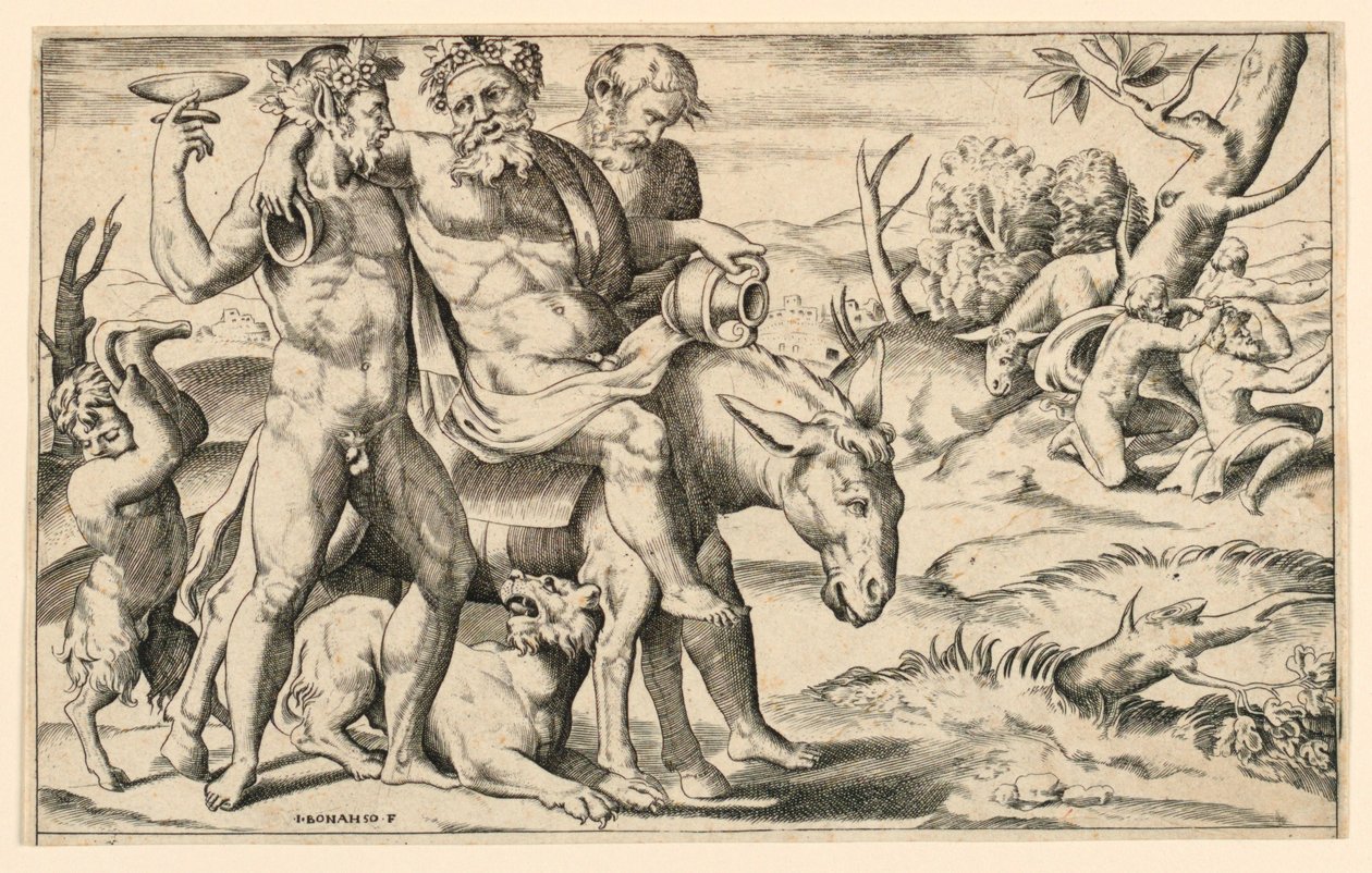 Silenus lovaglás egy szamáron alkotó: Giulio Bonasone