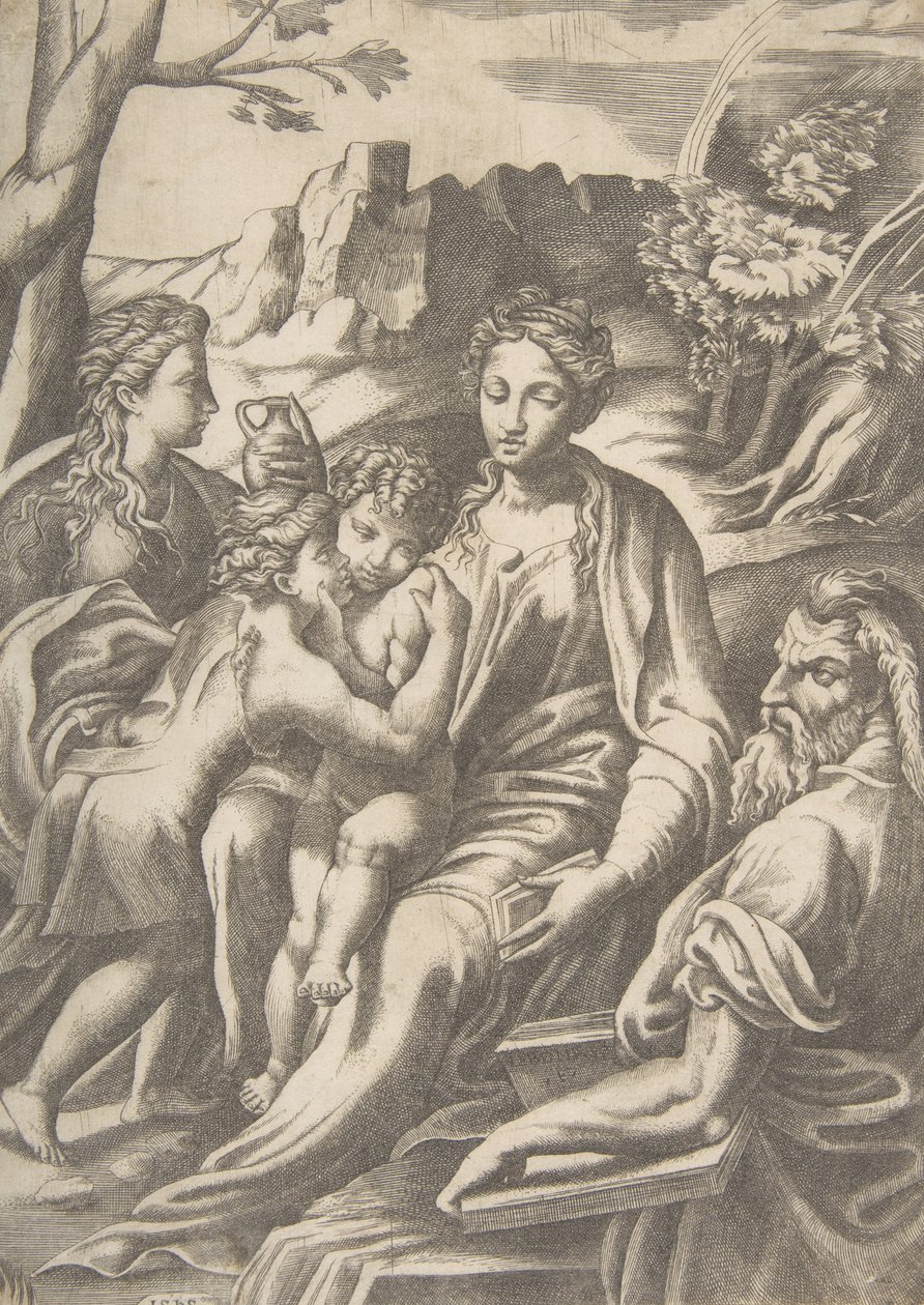 A Szent Család Mária Magdolnával és Keresztelő Jánossal, aki átöleli Krisztust, 1543. alkotó: Giulio Bonasone