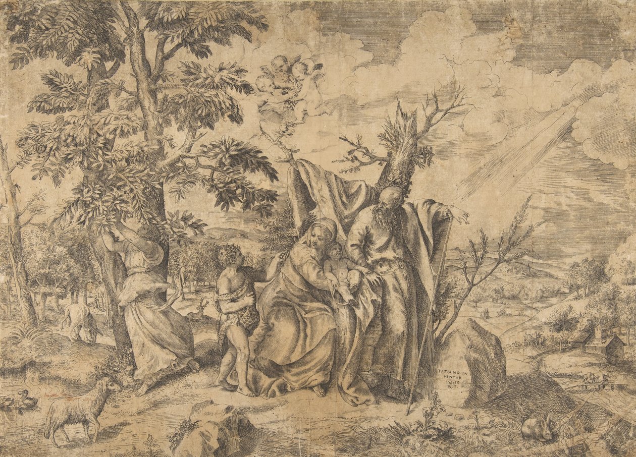 A Pihenő Egyiptomba menekülőben, jobbra József, a Szűzanya tartja a Krisztus-gyermeket i..., 1531-76. alkotó: Giulio Bonasone