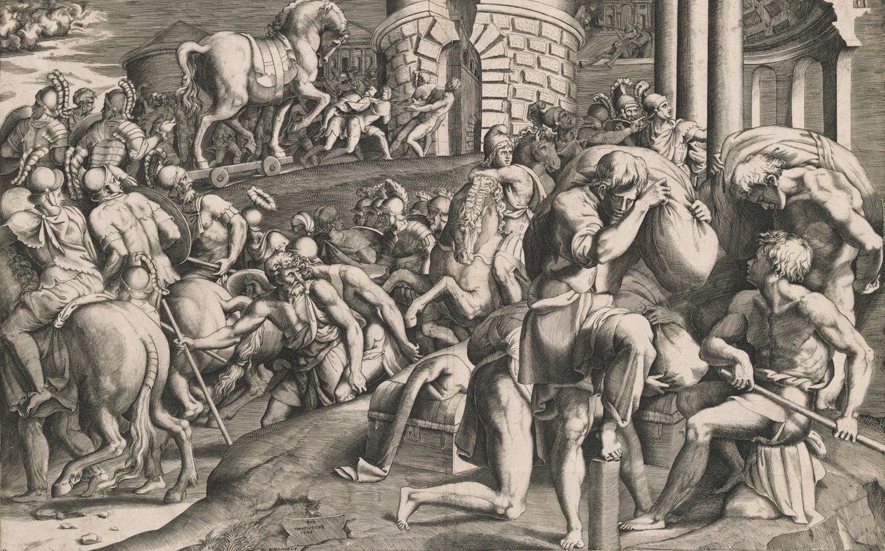 A trójaiak berángatják a falovat a városba, 1545. alkotó: Giulio Bonasone