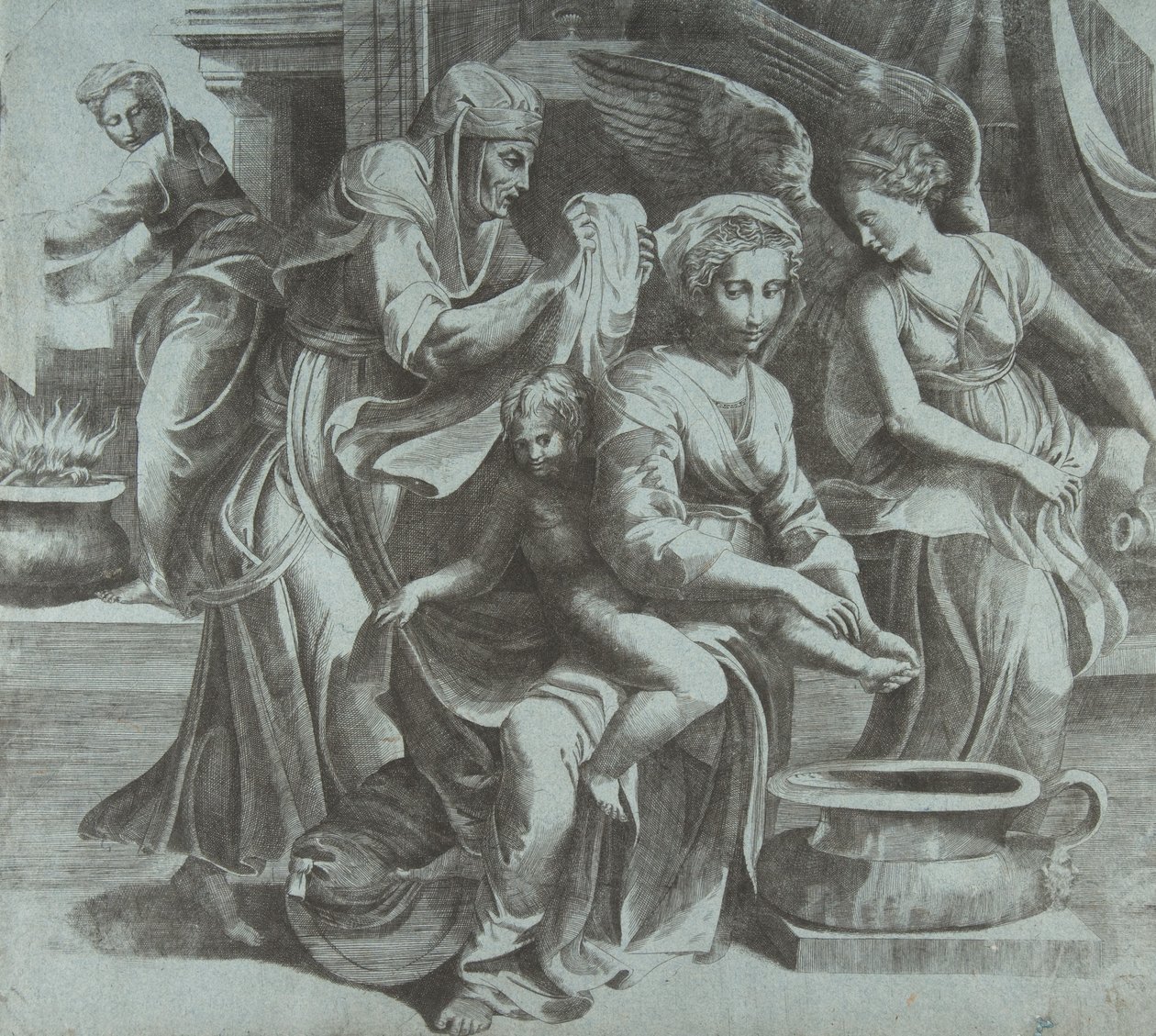 A Szűz a Krisztus-gyermeket mosó alakok és egy angyal kíséretében jobbra, ..., kb. 1550-60. alkotó: Giulio Bonasone