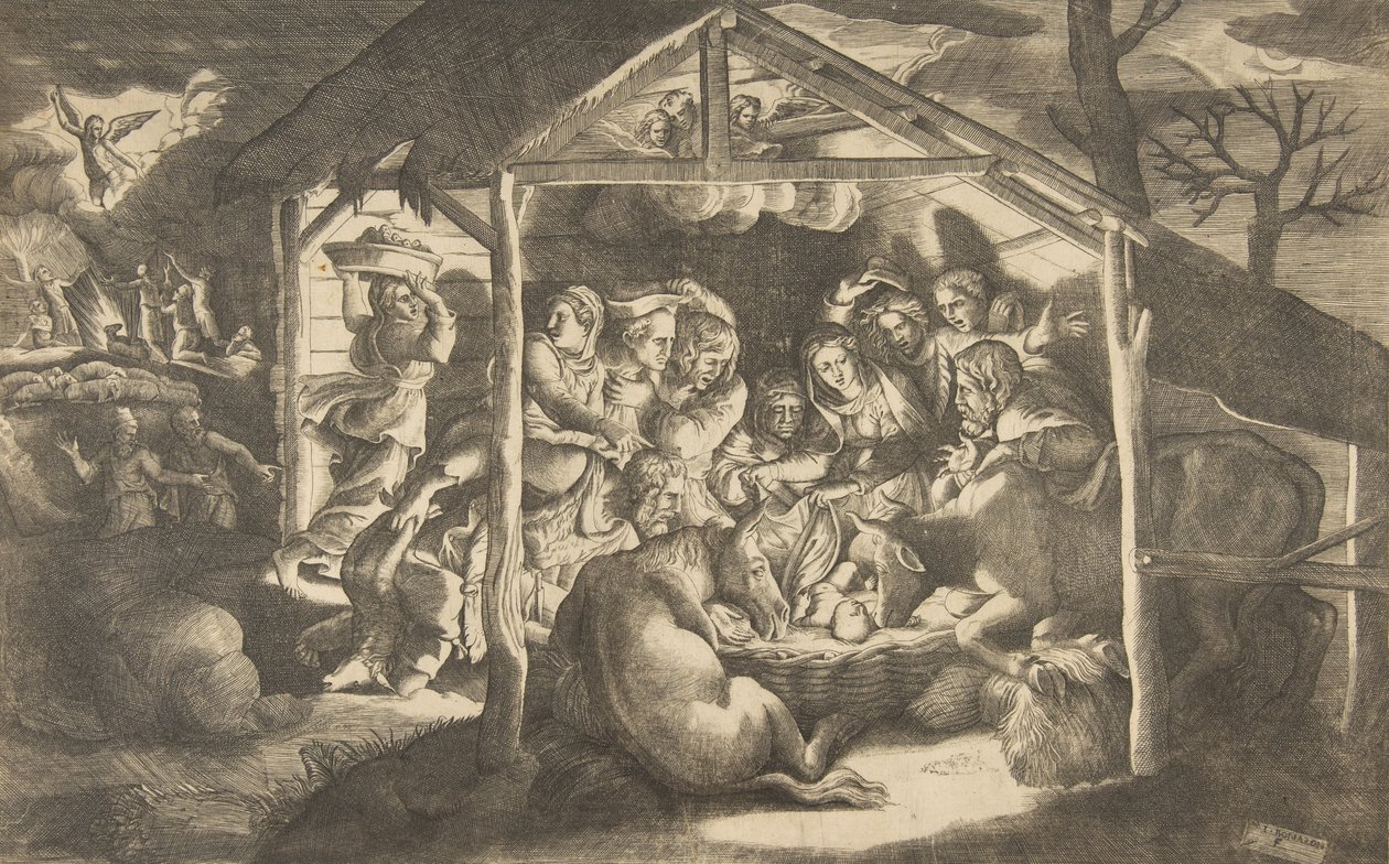 A pásztorok imádata, a gyermek Krisztust körülvevő különféle alakok a században, 1531-76. alkotó: Giulio Bonasone