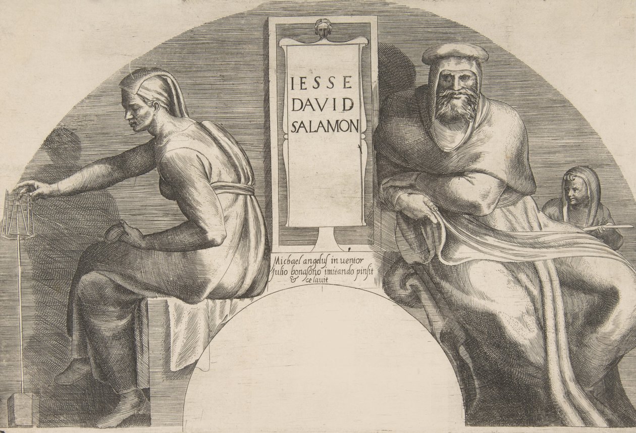 Krisztus ősei feliratos tábla, íves felső kompozíció mellett, 1531-76. alkotó: Giulio Bonasone