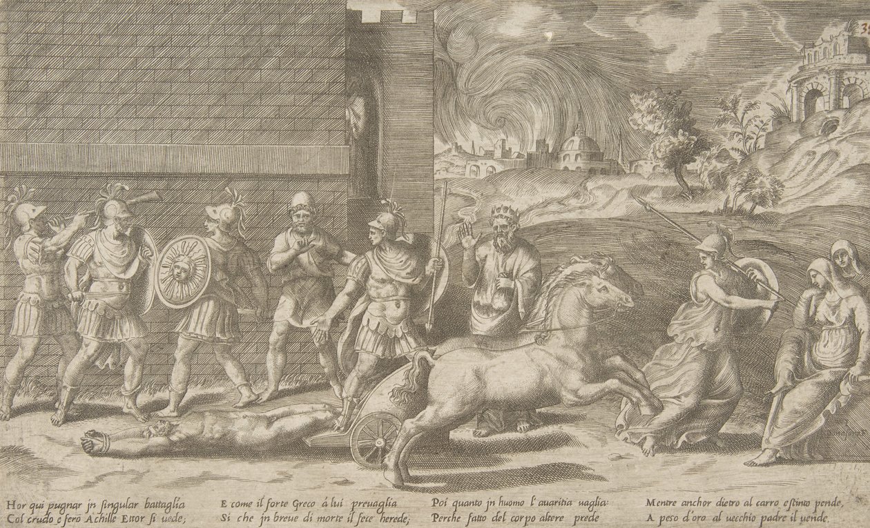 Hektor és Akhilleusz harca, valamint Achilles, aki Hektór testét vonszolta a ..., 1531-76. alkotó: Giulio Bonasone