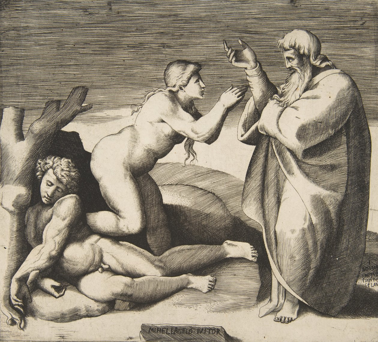 Éva teremtése, aki Ádám mögül kiemelkedik, kb. 1530-70. alkotó: Giulio Bonasone