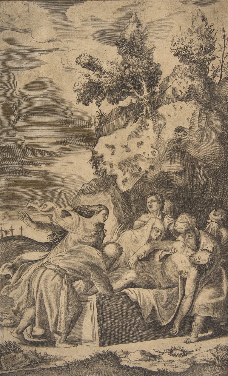 Krisztus síremléke, a bal háttérben látható keresztek a Kálvárián, 1563. alkotó: Giulio Bonasone