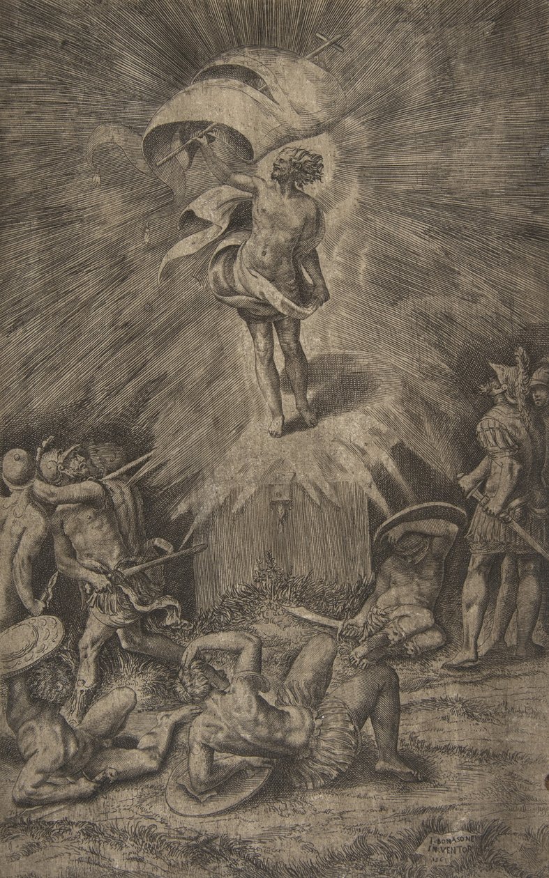 Krisztus feltámadása, jobb kezében zászlót tartva, a t... körüli katonák, 1561. alkotó: Giulio Bonasone